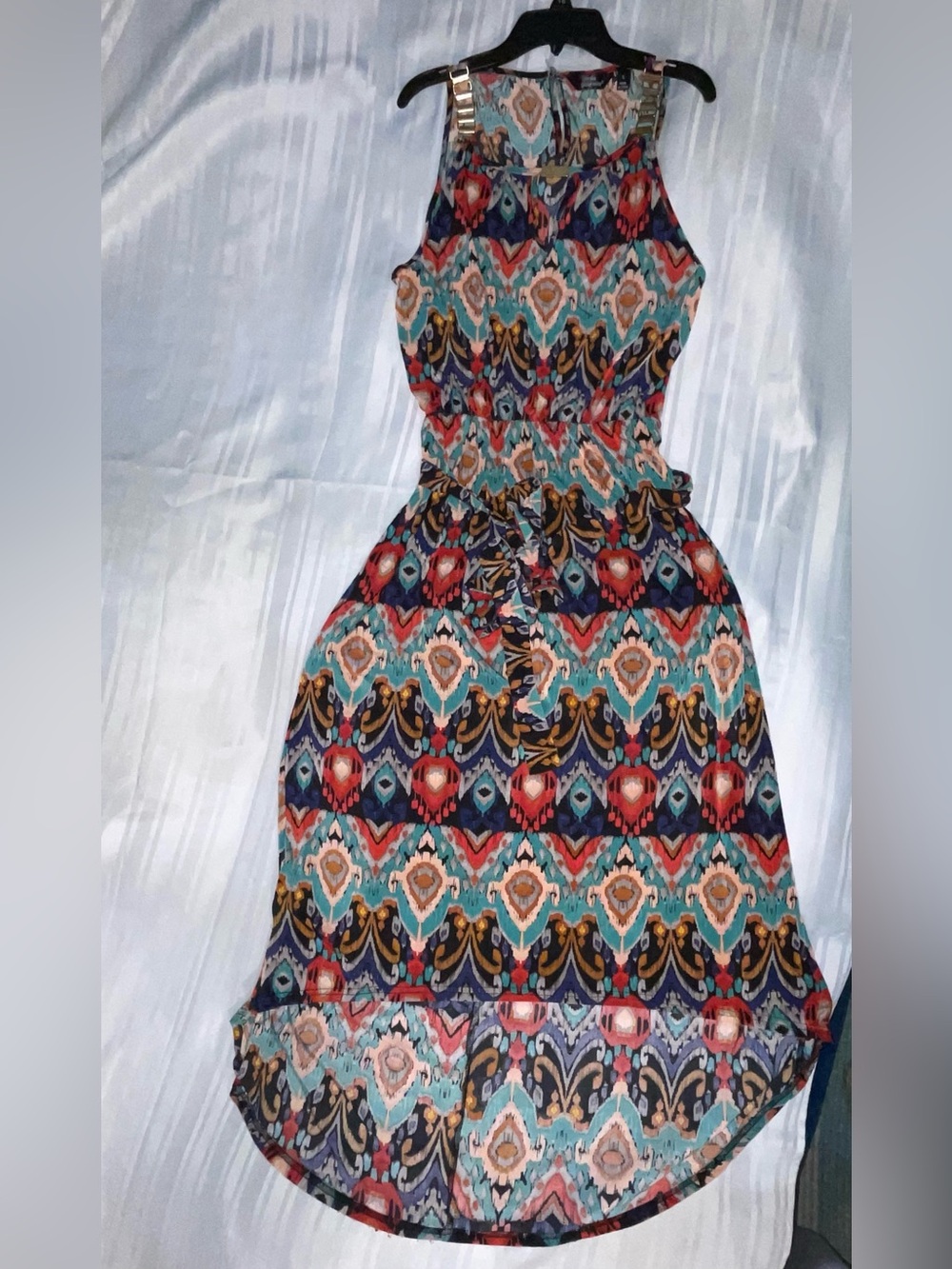 Multicolor Patterned Chain-Strap Midi Dress